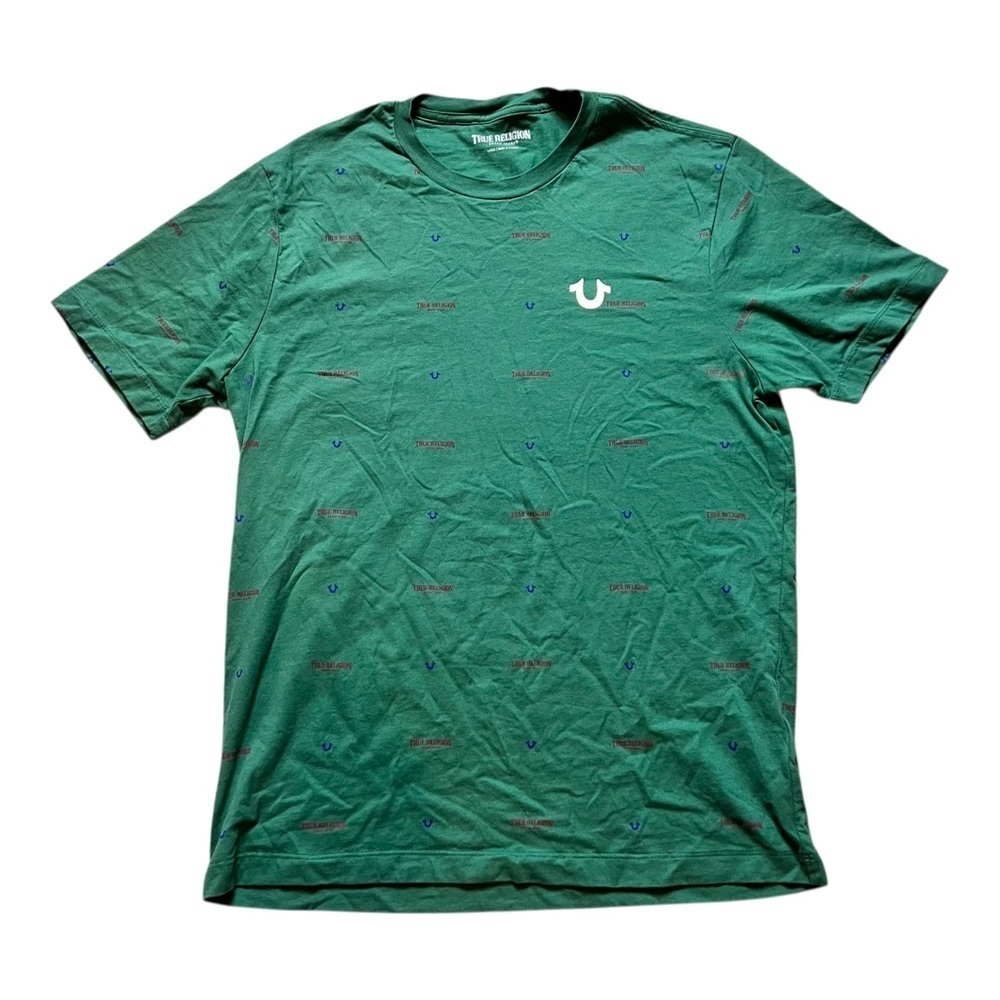 NWOT True Religion Allover Logo Print Youth Size Large Green Short Sleeve